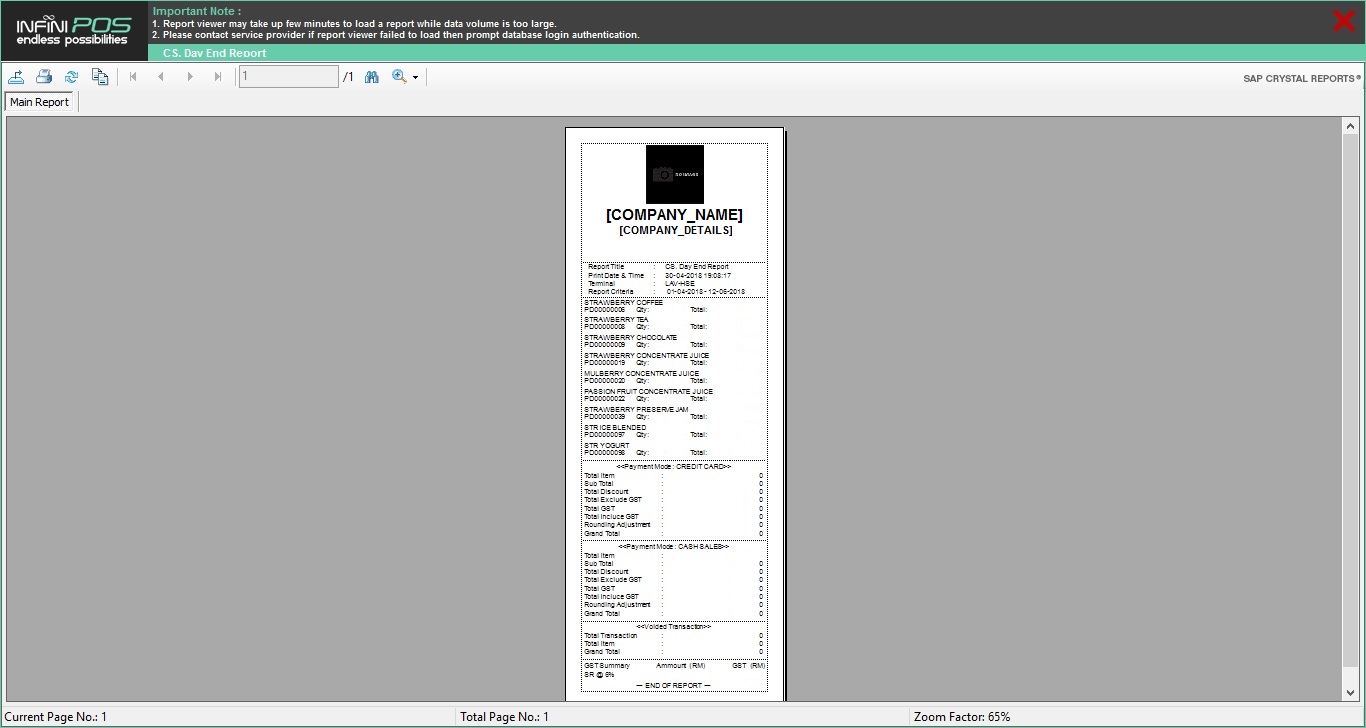 Sales Closing Receipt Report